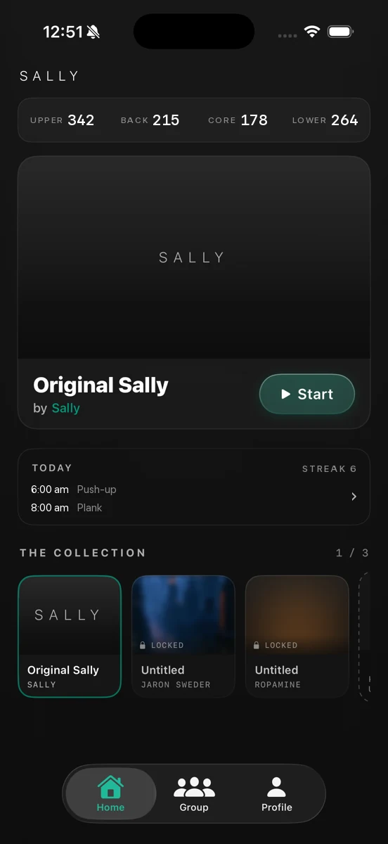 Sally's home screen: today's track with a start button, your scores across four areas, and the shelf of songs below.