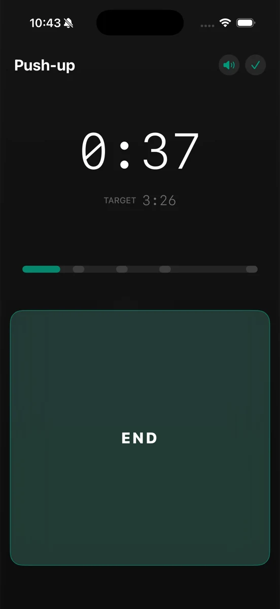 A set running: the exercise name, the clock at thirty-seven seconds, the target underneath, and the song progress bar below.