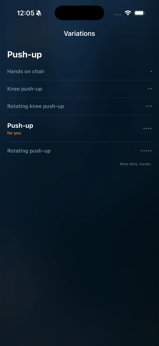 The exercise page: push-up, with easier variations to the left and harder ones to the right.